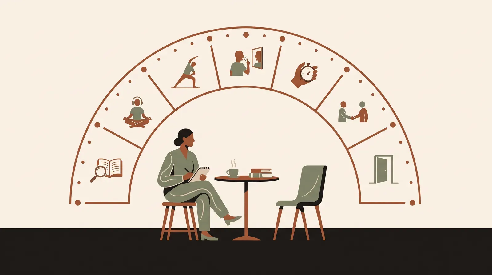 Editorial-Illustration zum Thema „Lampenfieber überwinden: der Guide für wichtige Gespräche' in warmen Terracotta- und Salbeitönen im Lindoza-Proberaum-Stil