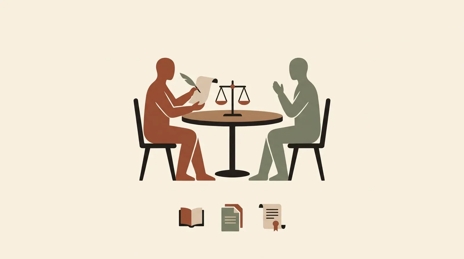 Editorial-Illustration zum Thema „Leistungsbeurteilung widersprechen: Gegendarstellung zur Personalakte schreiben' in warmen Terracotta- und Salbeitönen im Lindoza-Proberaum-Stil