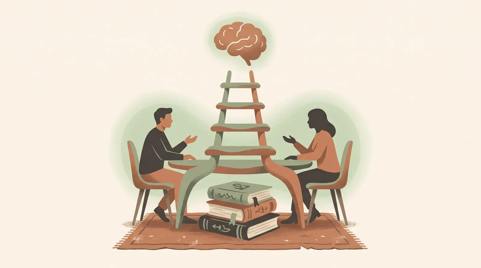 Editorial-Illustration zum Thema „Mentales Training für schwierige Gespräche: Die mentale Generalprobe in 5 Stufen' in warmen Terracotta- und Salbeitönen im Lindoza-Proberaum-Stil