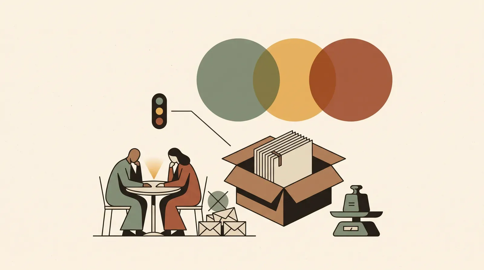Editorial-Illustration zum Thema „Mit Eltern über Geld und Erbe reden, ohne dass es nach Gier klingt' in warmen Terracotta- und Salbeitönen im Lindoza-Proberaum-Stil