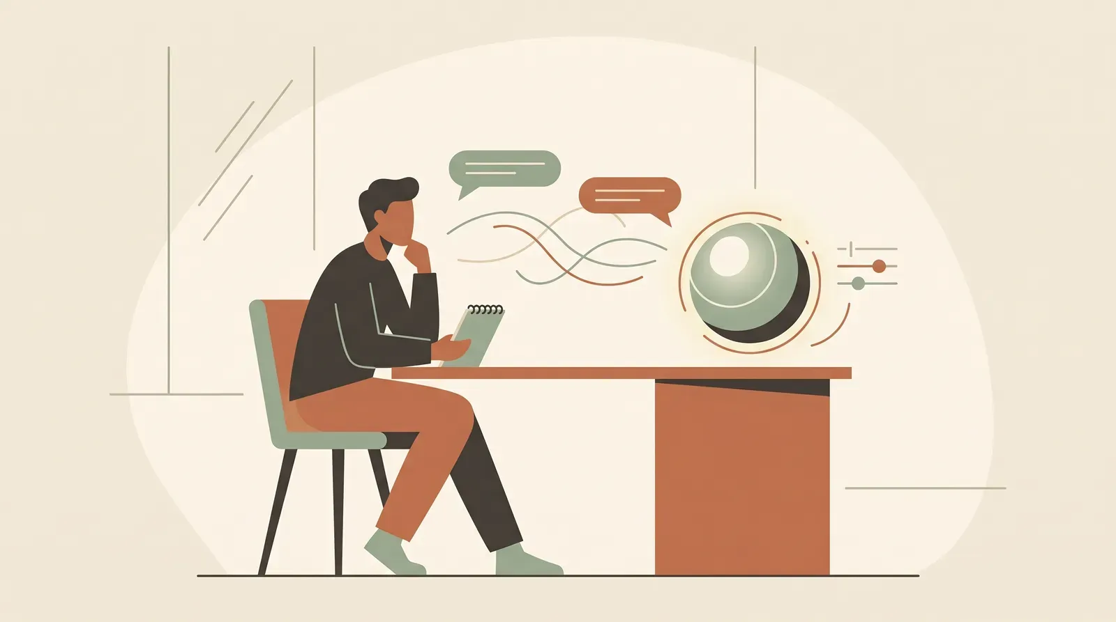 Editorial-Illustration zum Thema „Mit KI schwierige Gespräche üben: Setup-Guide für ChatGPT' in warmen Terracotta- und Salbeitönen im Lindoza-Proberaum-Stil