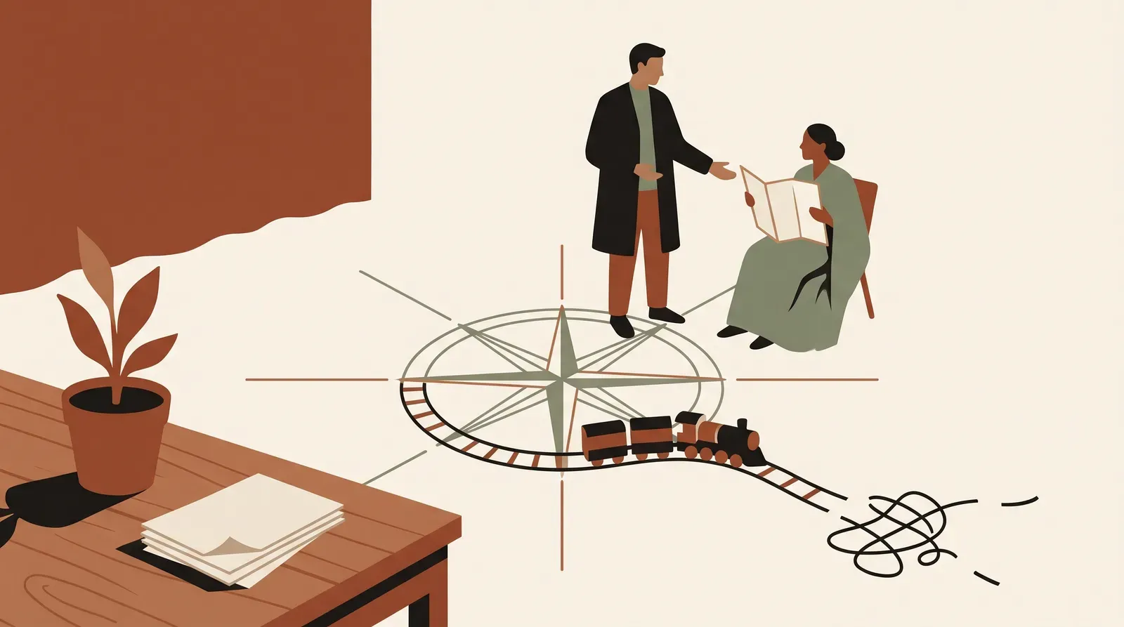 Editorial-Illustration zum Thema „Mitarbeitergespräch als Führungskraft: Die Landkarte der anderen Seite' in warmen Terracotta- und Salbeitönen im Lindoza-Proberaum-Stil