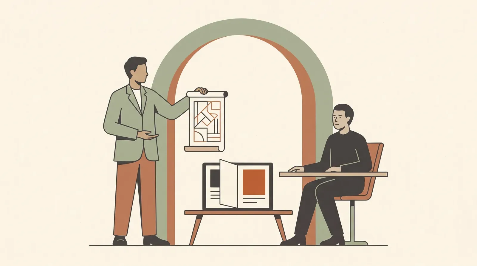 Editorial-Illustration zum Thema „Mobbing am Arbeitsplatz ansprechen, ohne als Opfer zu wirken: Der erste Satz' in warmen Terracotta- und Salbeitönen im Lindoza-Proberaum-Stil