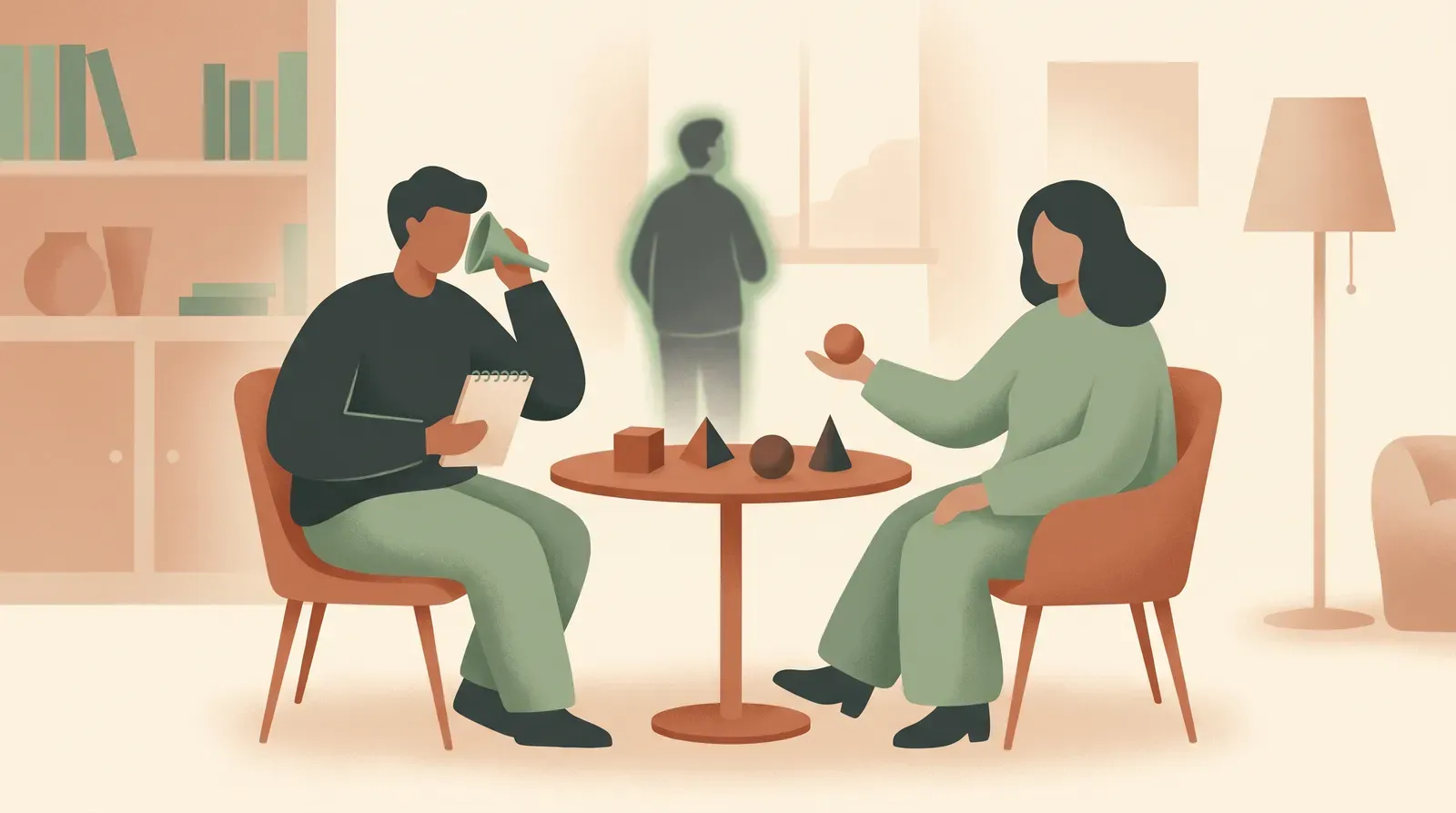Editorial-Illustration zum Thema „Mom Test bei Bestandskunden — geht das überhaupt?' in warmen Terracotta- und Salbeitönen im Lindoza-Proberaum-Stil