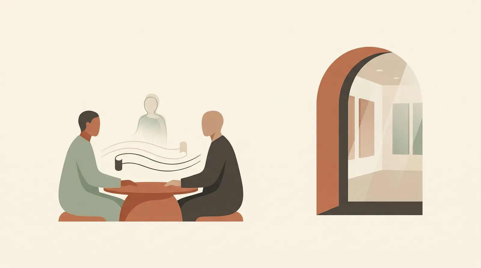 Editorial-Illustration zum Thema „Der Mom Test auf Deutsch — wie du in Customer-Interviews echte Wahrheit holst' in warmen Terracotta- und Salbeitönen im Lindoza-Proberaum-Stil