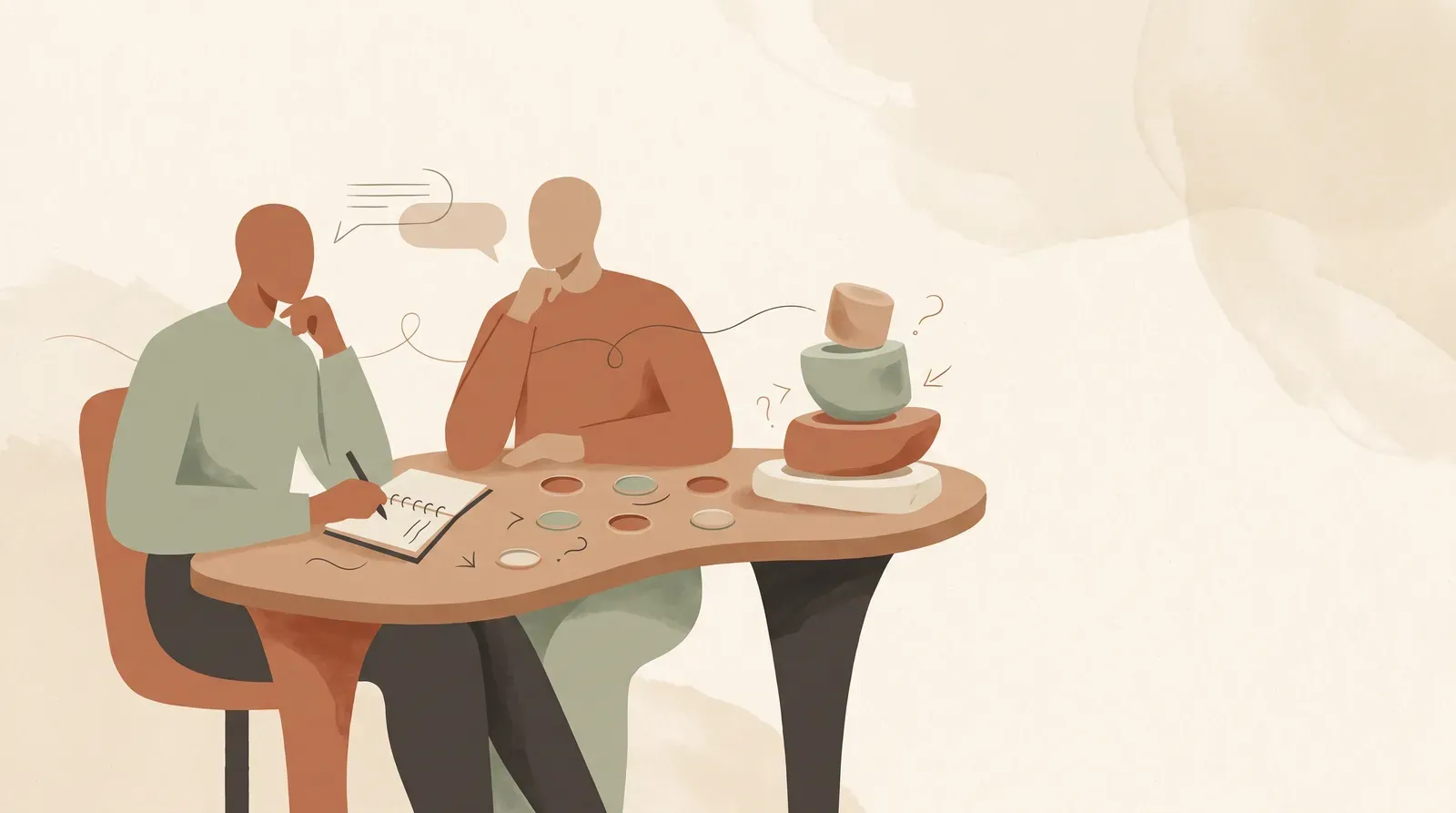 Editorial-Illustration zum Thema „12 Mom-Test-Fragen mit echten Antworten (B2B-SaaS)' in warmen Terracotta- und Salbeitönen im Lindoza-Proberaum-Stil