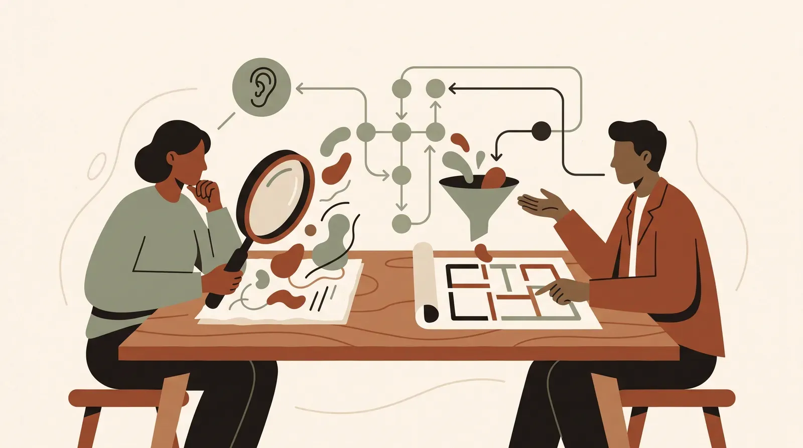Editorial-Illustration zum Thema „Mom Test vs. Jobs-to-be-Done — wann nutze ich was?' in warmen Terracotta- und Salbeitönen im Lindoza-Proberaum-Stil