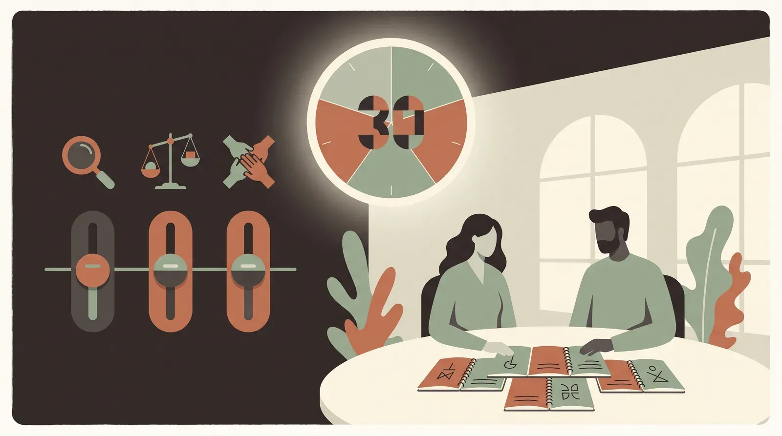 Editorial-Illustration zum Thema „Das Money-Date: Monatliches Finanzgespräch als Paar in 30 Minuten (Skript)' in warmen Terracotta- und Salbeitönen im Lindoza-Proberaum-Stil