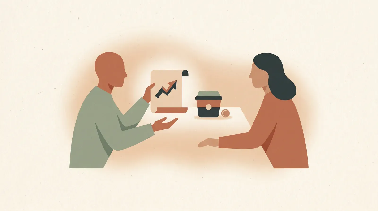 Editorial-Illustration zum Thema „Nach einer Beförderung fragen: erst das Mandat, dann das Gehalt' in warmen Terracotta- und Salbeitönen im Lindoza-Proberaum-Stil