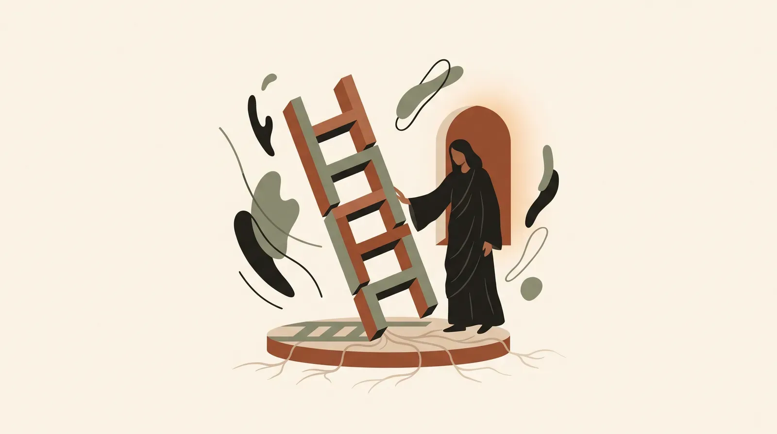 Editorial-Illustration zum Thema „Nein sagen lernen: Grenzen setzen in 5 Stufen (der Guide)' in warmen Terracotta- und Salbeitönen im Lindoza-Proberaum-Stil