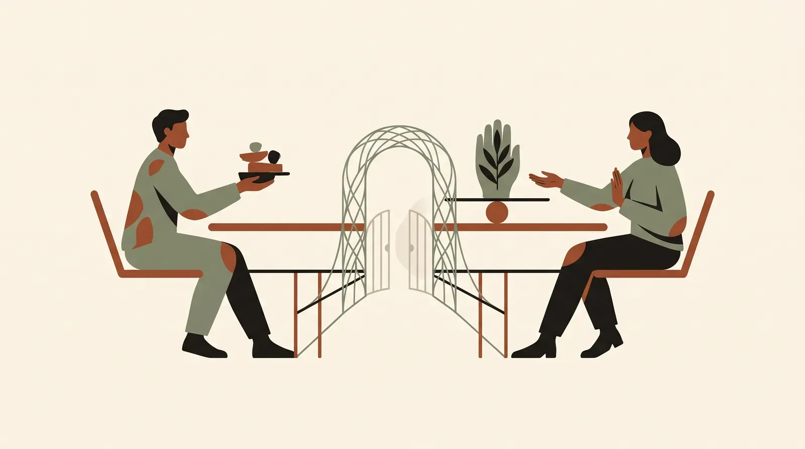 Editorial-Illustration zum Thema „Nein sagen zu Freunden, ohne die Freundschaft zu verlieren' in warmen Terracotta- und Salbeitönen im Lindoza-Proberaum-Stil