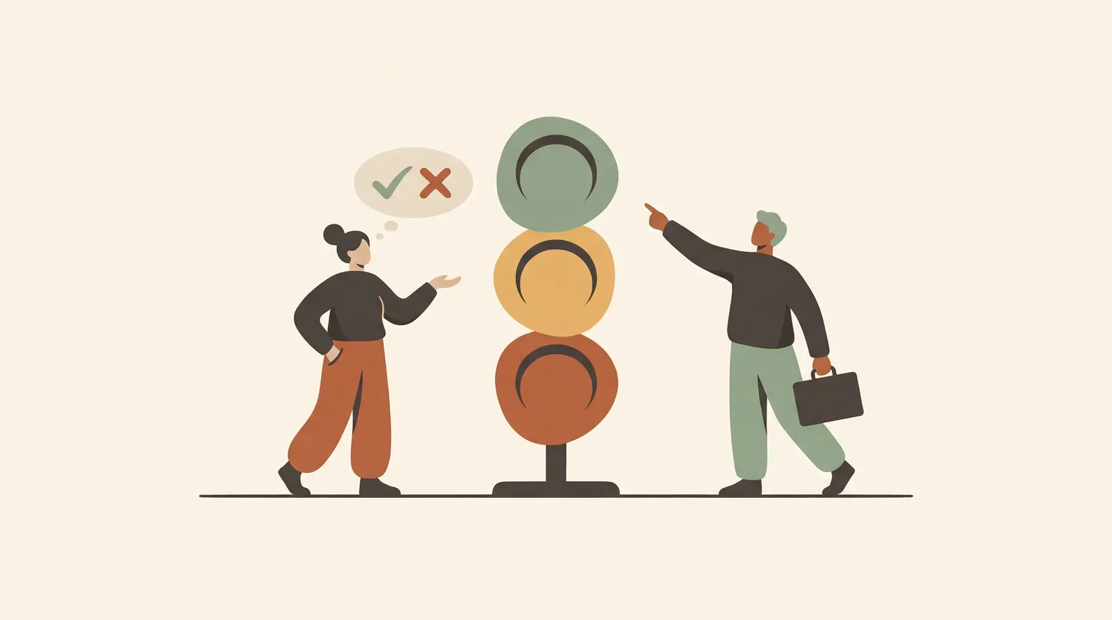 Editorial-Illustration zum Thema „Nein sagen zum Chef: Was du ablehnen darfst (Weisungs-Ampel)' in warmen Terracotta- und Salbeitönen im Lindoza-Proberaum-Stil