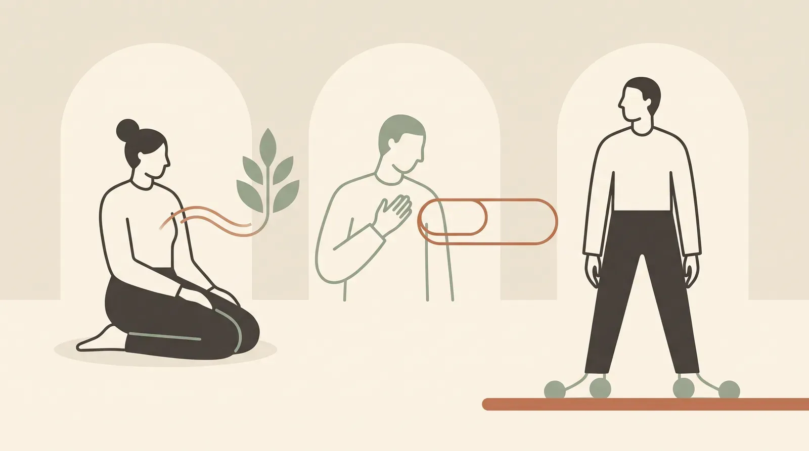 Editorial-Illustration zum Thema „Nervosität vor Gespräch schnell beruhigen: 90-Sekunden-Reset' in warmen Terracotta- und Salbeitönen im Lindoza-Proberaum-Stil