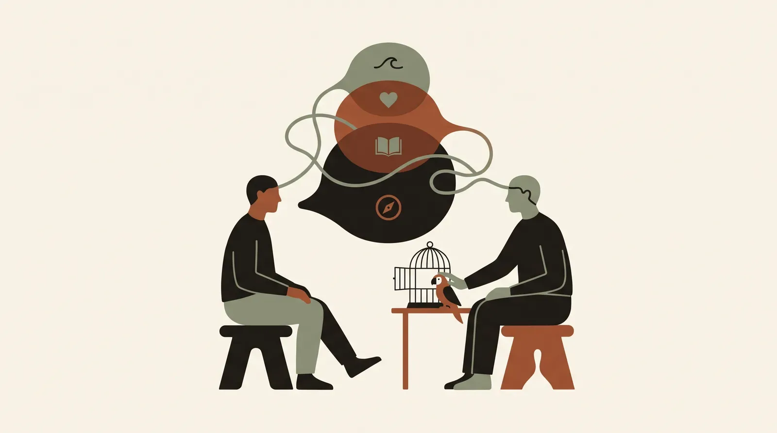 Editorial-Illustration zum Thema „Paraphrasieren & Spiegeln: 4 Tiefen ohne Papageien-Effekt' in warmen Terracotta- und Salbeitönen im Lindoza-Proberaum-Stil