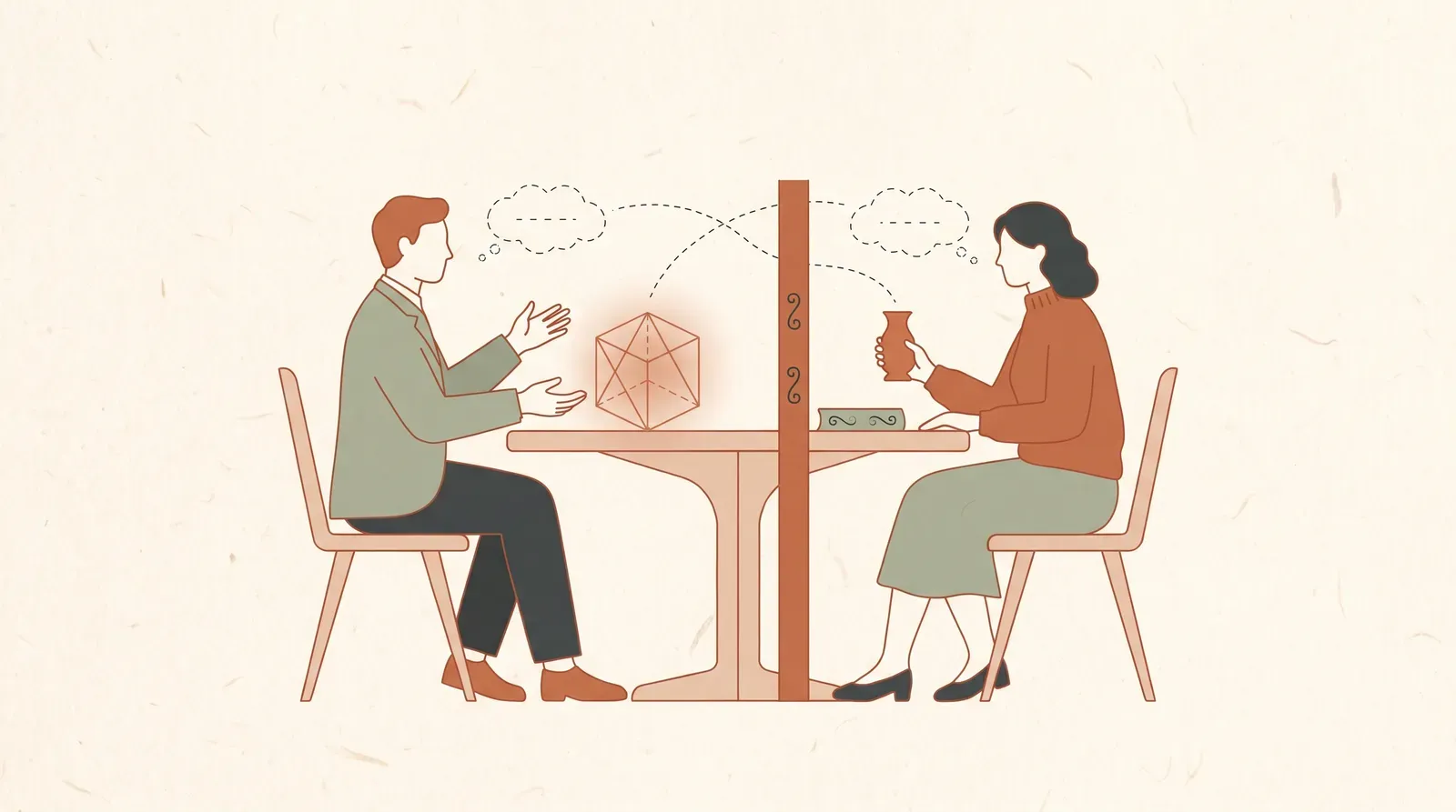 Editorial-Illustration zum Thema „Mein Partner hat Schulden: Das Gespräch führen und Grenzen setzen' in warmen Terracotta- und Salbeitönen im Lindoza-Proberaum-Stil