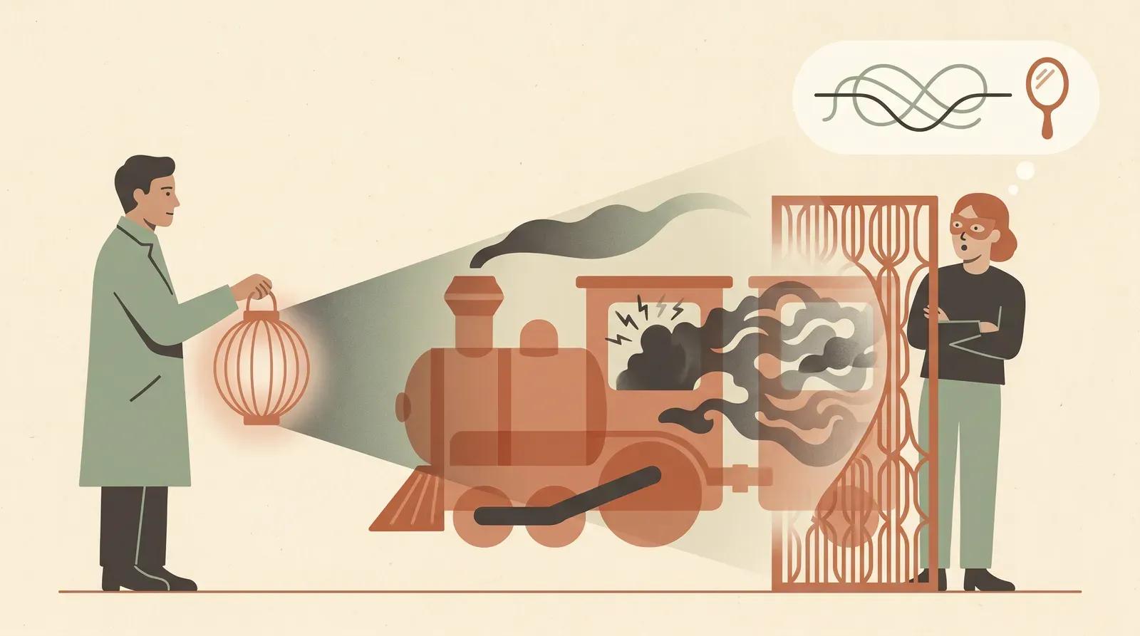 Editorial-Illustration zum Thema „Passiv-aggressive Menschen ansprechen, ohne dass sie dichtmachen' in warmen Terracotta- und Salbeitönen im Lindoza-Proberaum-Stil