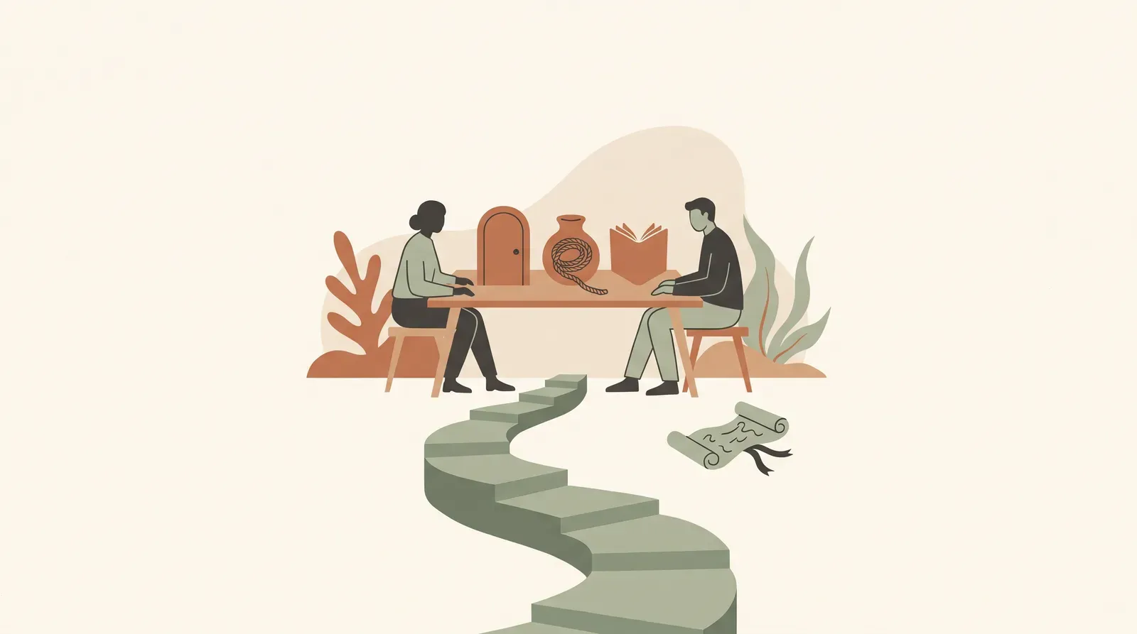 Editorial-Illustration zum Thema „Pflege bei Eltern ansprechen: Einstieg, Sätze, Widerstand' in warmen Terracotta- und Salbeitönen im Lindoza-Proberaum-Stil