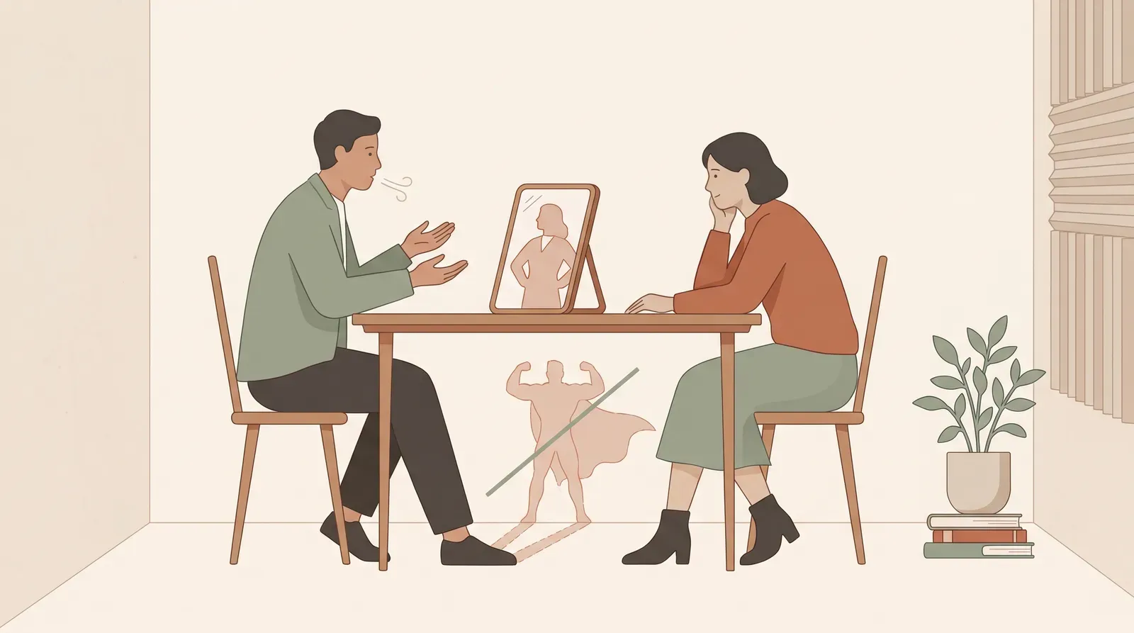 Editorial-Illustration zum Thema „Power Posing vor dem Gespräch: Was wirklich wirkt (und was der Mythos ist)' in warmen Terracotta- und Salbeitönen im Lindoza-Proberaum-Stil