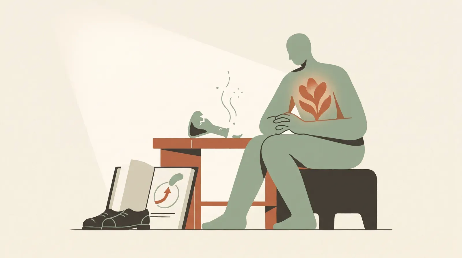 Editorial-Illustration zum Thema „Power Posing: Funktioniert die Macht-Pose? (nach der Replikationskrise)' in warmen Terracotta- und Salbeitönen im Lindoza-Proberaum-Stil