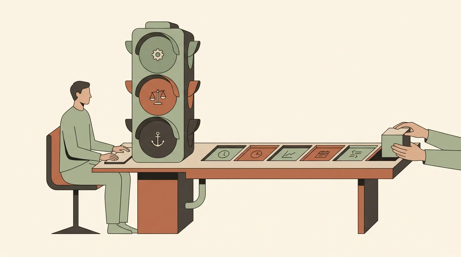 Editorial-Illustration zum Thema „Preisverhandlung im Verkauf: Mit der Rabatt-Ampel den Preis halten' in warmen Terracotta- und Salbeitönen im Lindoza-Proberaum-Stil