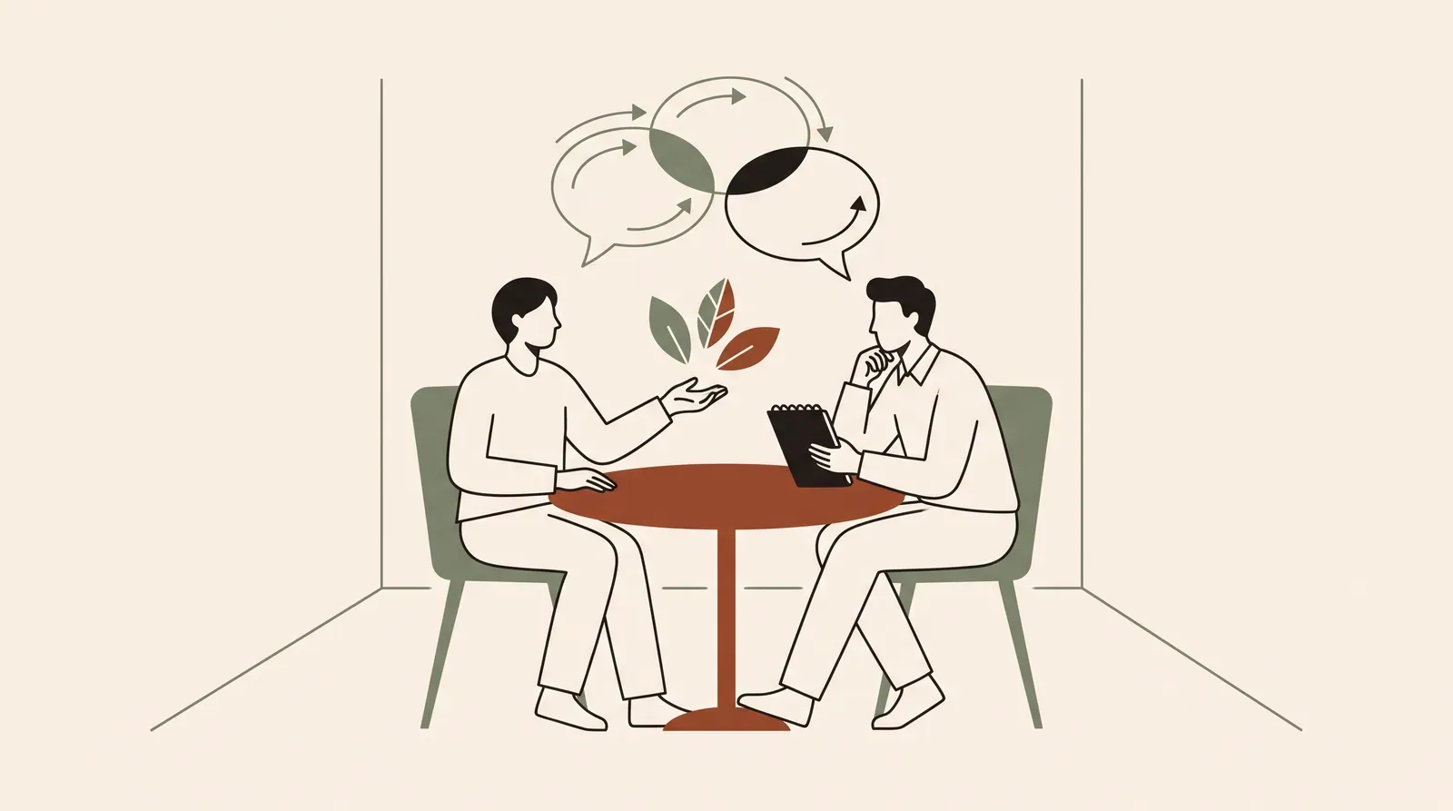 Editorial-Illustration zum Thema „Probezeitgespräch aus Arbeitnehmer-Sicht: Antworten und was du selbst ansprichst' in warmen Terracotta- und Salbeitönen im Lindoza-Proberaum-Stil