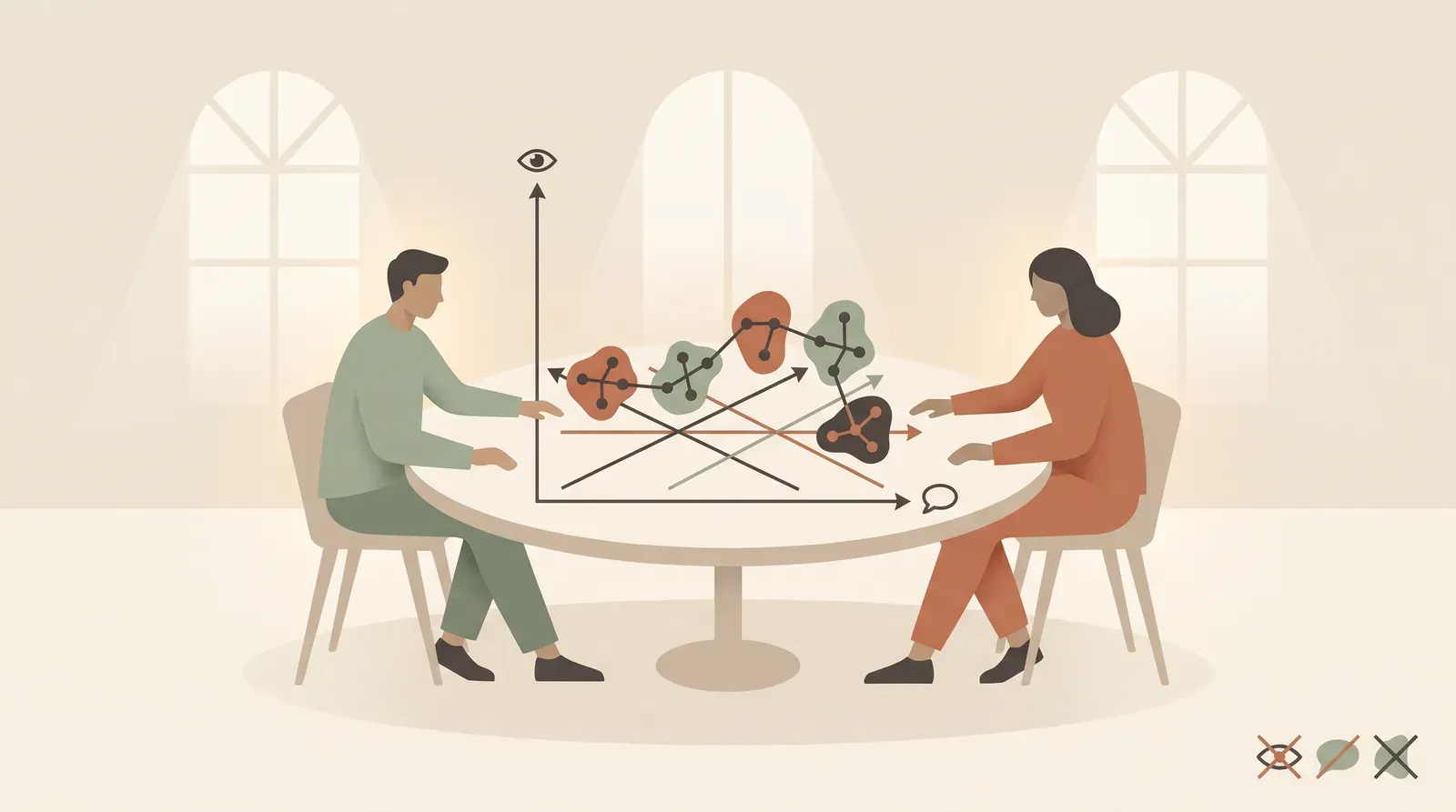 Editorial-Illustration zum Thema „Rückfragen an den Arbeitgeber: 5 Fragen, die zugleich positionieren' in warmen Terracotta- und Salbeitönen im Lindoza-Proberaum-Stil