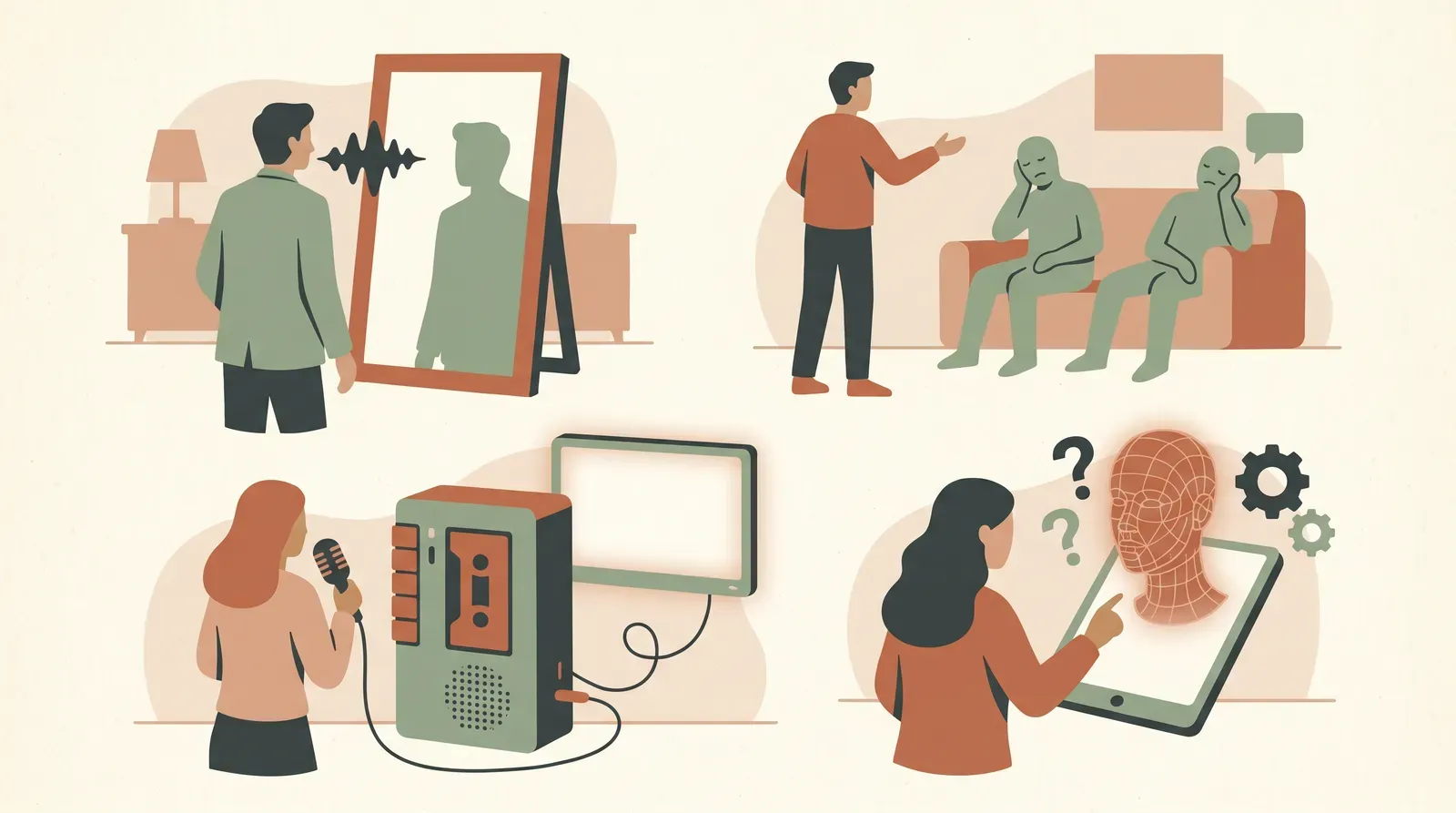 Editorial-Illustration zum Thema „Sales Pitch ohne Publikum üben: 4 Wege (3 funktionieren nicht)' in warmen Terracotta- und Salbeitönen im Lindoza-Proberaum-Stil