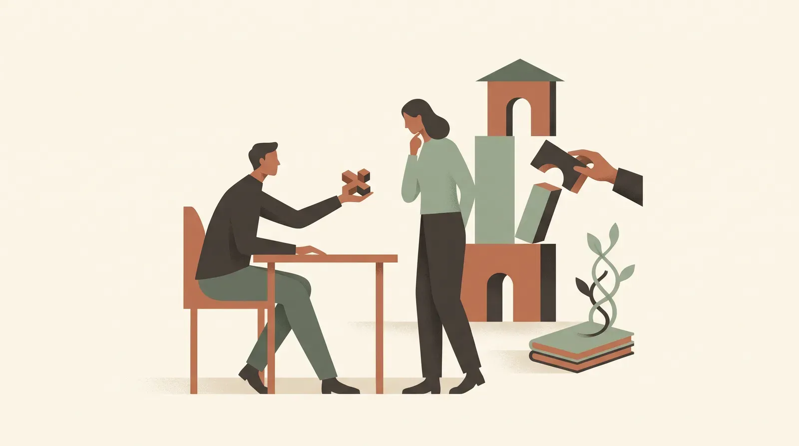 Editorial-Illustration zum Thema „Schlechte Nachricht überbringen: Wortlaut, Reihenfolge, Fehler' in warmen Terracotta- und Salbeitönen im Lindoza-Proberaum-Stil