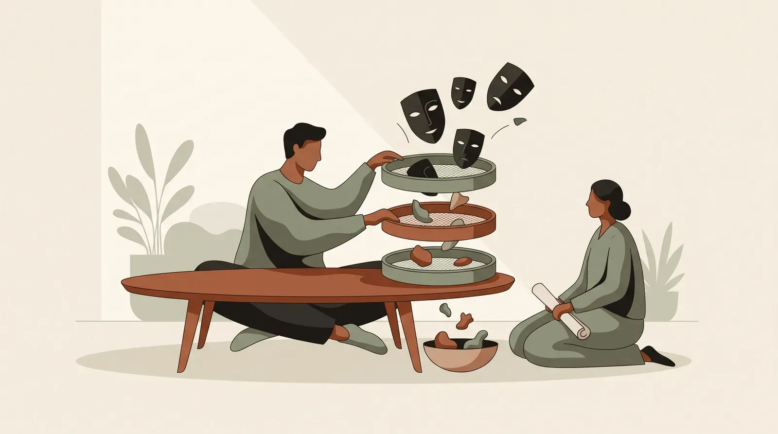 Editorial-Illustration zum Thema „Schwächen im Vorstellungsgespräch: echte statt durchschauter Floskeln' in warmen Terracotta- und Salbeitönen im Lindoza-Proberaum-Stil