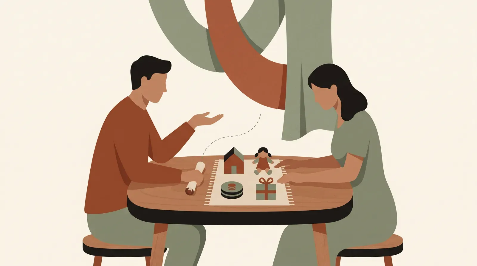 Editorial-Illustration zum Thema „Schwiegermutter Grenzen setzen, ohne deinen Partner zu verlieren' in warmen Terracotta- und Salbeitönen im Lindoza-Proberaum-Stil