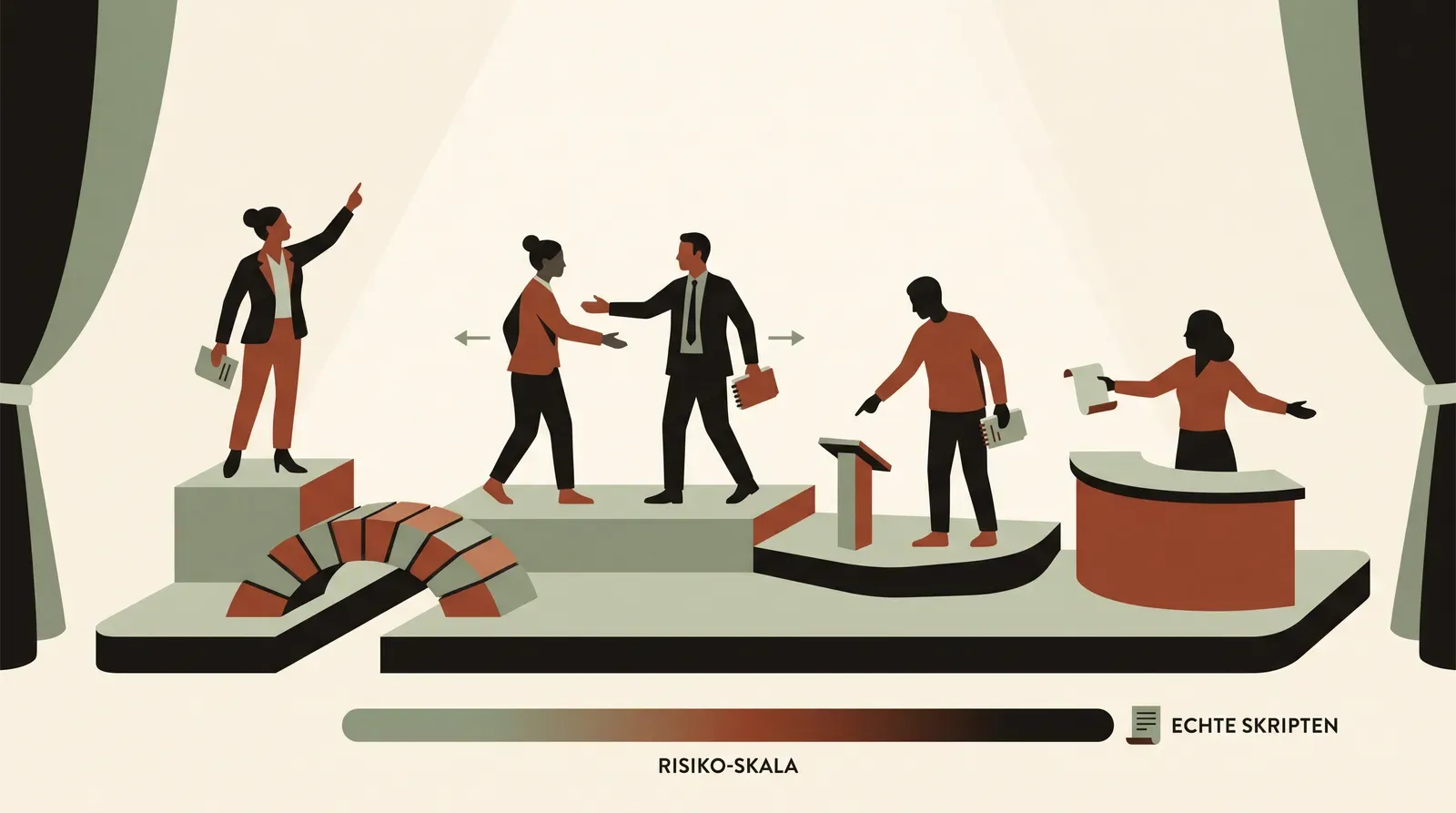 Editorial-Illustration zum Thema „Schwierige Gespräche am Arbeitsplatz führen: der Praxis-Guide' in warmen Terracotta- und Salbeitönen im Lindoza-Proberaum-Stil