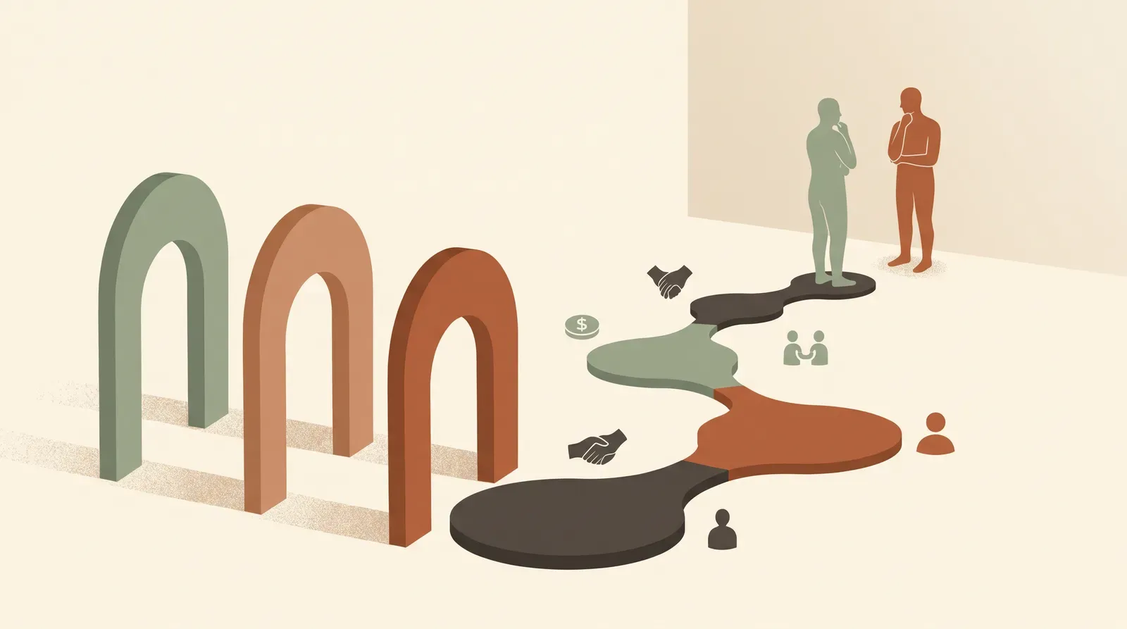 Editorial-Illustration zum Thema „Schwierige Gespräche führen: Leitfaden mit 5-Phasen-Methode' in warmen Terracotta- und Salbeitönen im Lindoza-Proberaum-Stil
