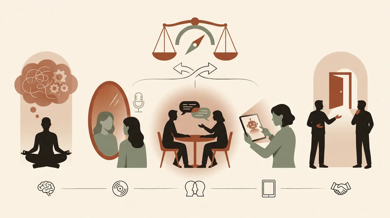Editorial-Illustration zum Thema „Schwierige Gespräche üben: 5 Methoden im Vergleich (Guide)' in warmen Terracotta- und Salbeitönen im Lindoza-Proberaum-Stil
