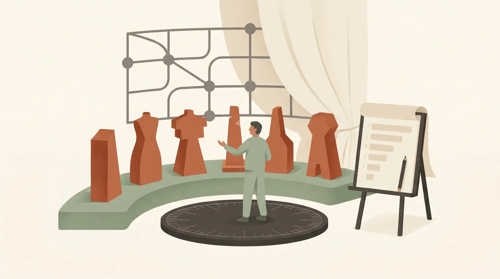Editorial-Illustration zum Thema „Schwierige Menschen üben: Gegner-Typen simulieren statt nur lesen' in warmen Terracotta- und Salbeitönen im Lindoza-Proberaum-Stil