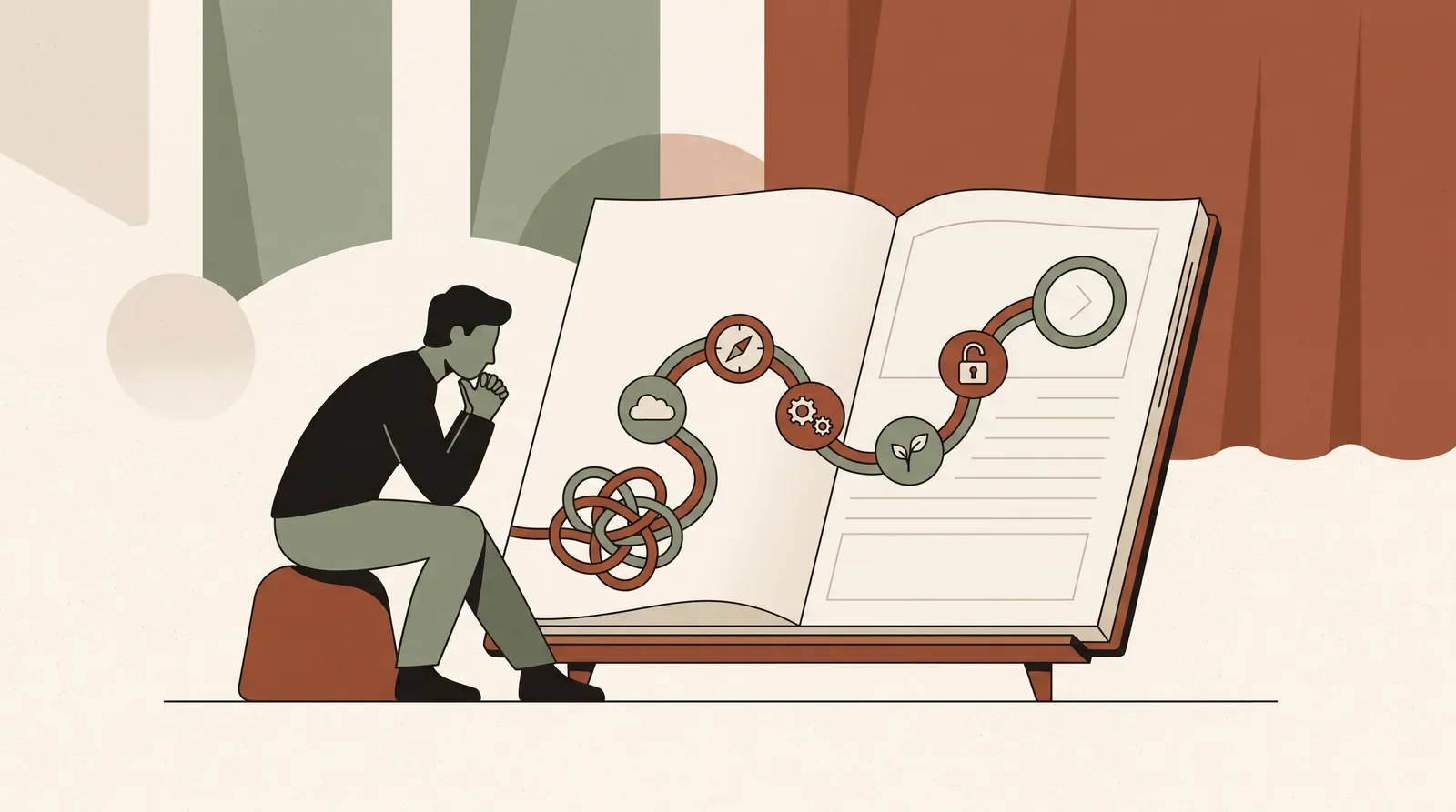 Editorial-Illustration zum Thema „Schwieriges Gespräch nachbereiten: die 5-Schritte-Methode (mit Vorlage)' in warmen Terracotta- und Salbeitönen im Lindoza-Proberaum-Stil
