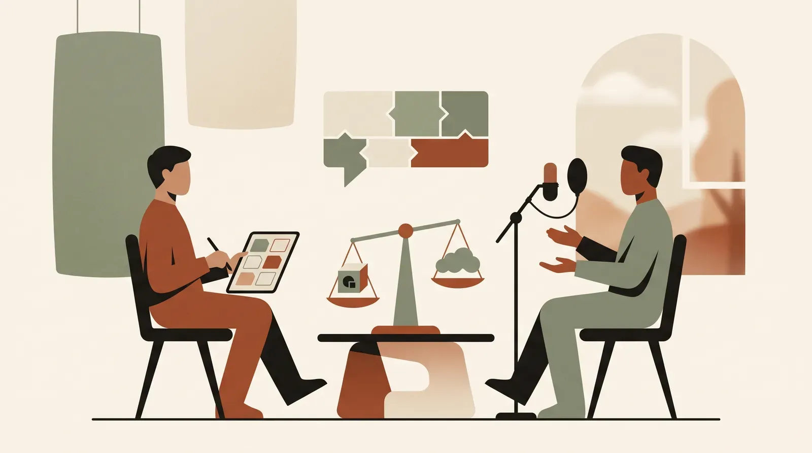 Editorial-Illustration zum Thema „Selbsteinschätzung im Mitarbeitergespräch: Formulierungen ohne Eigenlob' in warmen Terracotta- und Salbeitönen im Lindoza-Proberaum-Stil