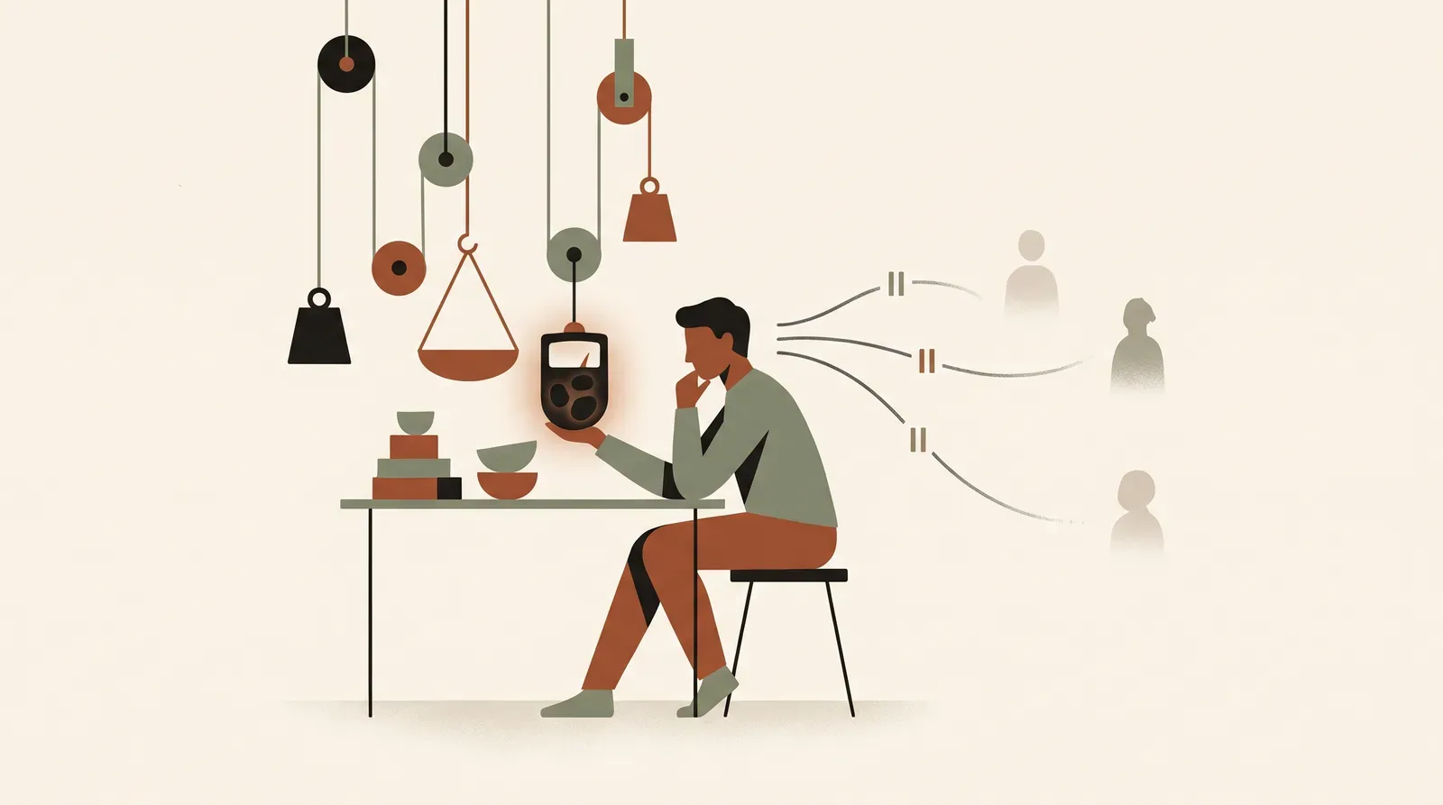 Editorial-Illustration zum Thema „Smalltalk für Introvertierte: das Energie-Budget-Modell' in warmen Terracotta- und Salbeitönen im Lindoza-Proberaum-Stil