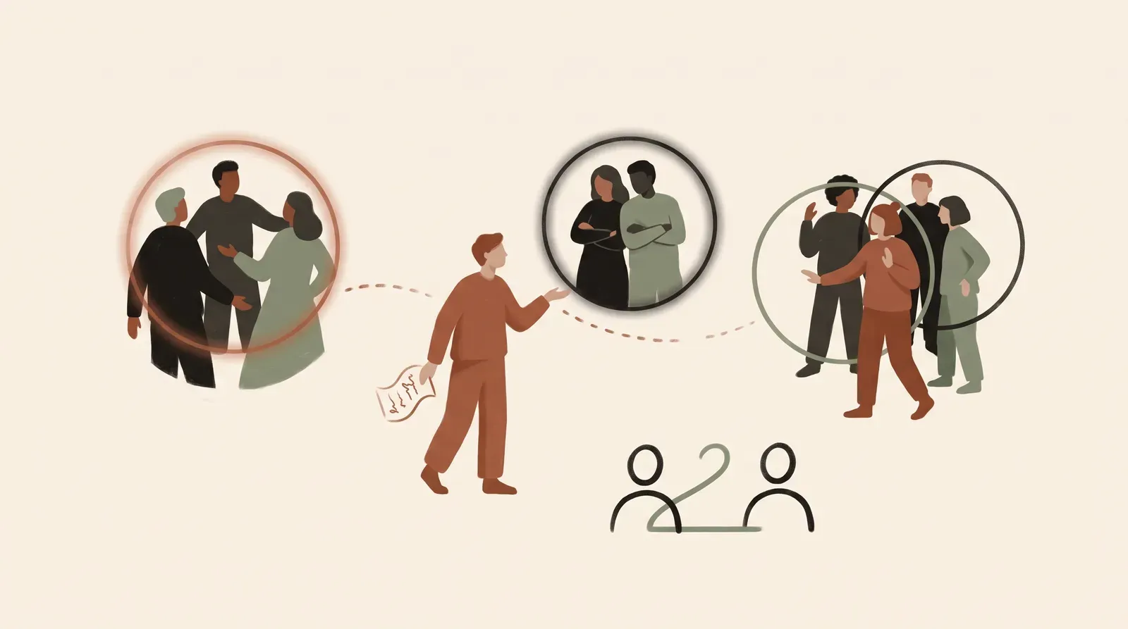 Editorial-Illustration zum Thema „Networking-Event: Fremde ansprechen mit der Gruppen-Ampel' in warmen Terracotta- und Salbeitönen im Lindoza-Proberaum-Stil