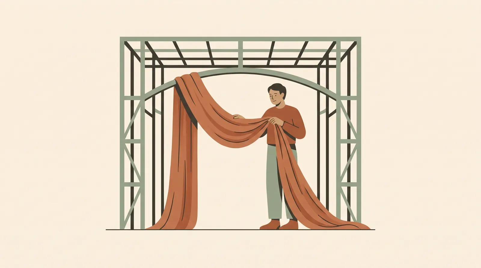Editorial-Illustration zum Thema „Storytelling für Vorträge: Eine Geschichte ans Bühnen-Skelett hängen' in warmen Terracotta- und Salbeitönen im Lindoza-Proberaum-Stil
