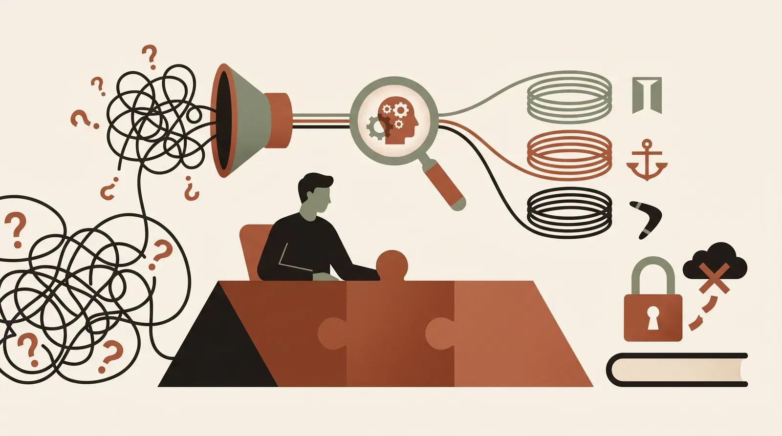 Editorial-Illustration zum Thema „Stressfragen im Vorstellungsgespräch kontern: der 3R-Decoder' in warmen Terracotta- und Salbeitönen im Lindoza-Proberaum-Stil