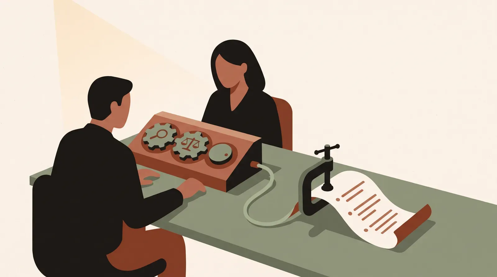 Editorial-Illustration zum Thema „Über Geld in der Partnerschaft reden: Die Geld-Fairness-Formel + Money-Date' in warmen Terracotta- und Salbeitönen im Lindoza-Proberaum-Stil