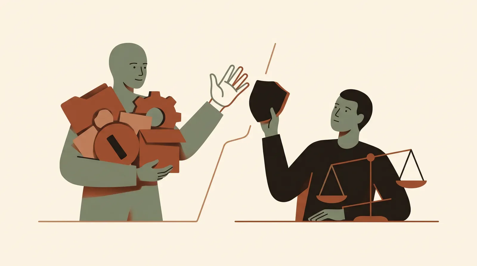 Editorial-Illustration zum Thema „Überlastung beim Chef ansprechen & mehr Arbeit ablehnen' in warmen Terracotta- und Salbeitönen im Lindoza-Proberaum-Stil