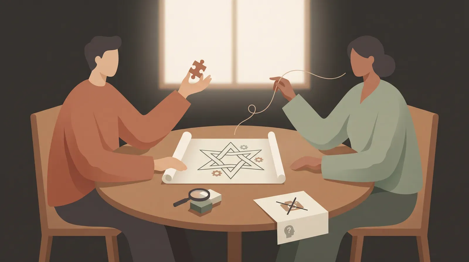 Editorial-Illustration zum Thema „Umgang mit schwierigen Menschen: Die Antrieb-Zug-Matrix' in warmen Terracotta- und Salbeitönen im Lindoza-Proberaum-Stil