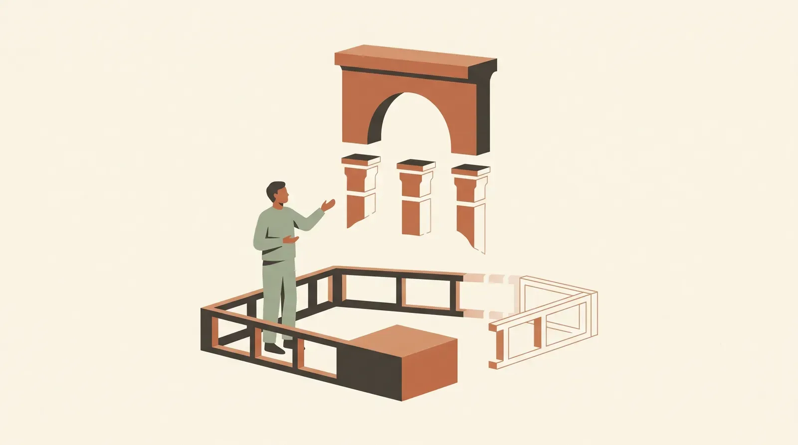 Editorial-Illustration zum Thema „Vor der Geschäftsführung präsentieren: 30 Minuten auf einen Satz komprimieren' in warmen Terracotta- und Salbeitönen im Lindoza-Proberaum-Stil