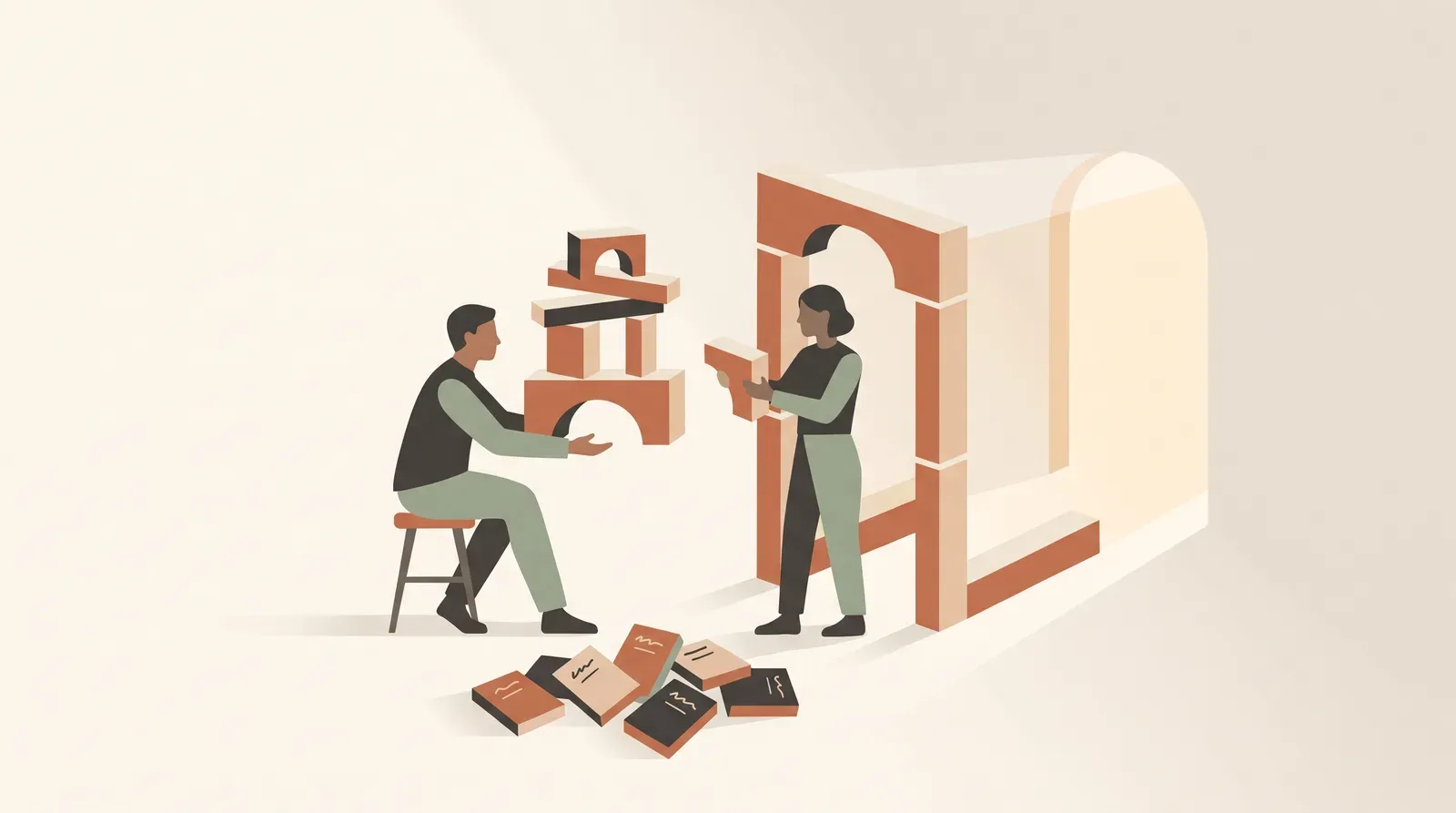 Editorial-Illustration zum Thema „Vorstellungsgespräch auf Englisch: 4 Antwort-Gerüste statt Vokabelliste' in warmen Terracotta- und Salbeitönen im Lindoza-Proberaum-Stil