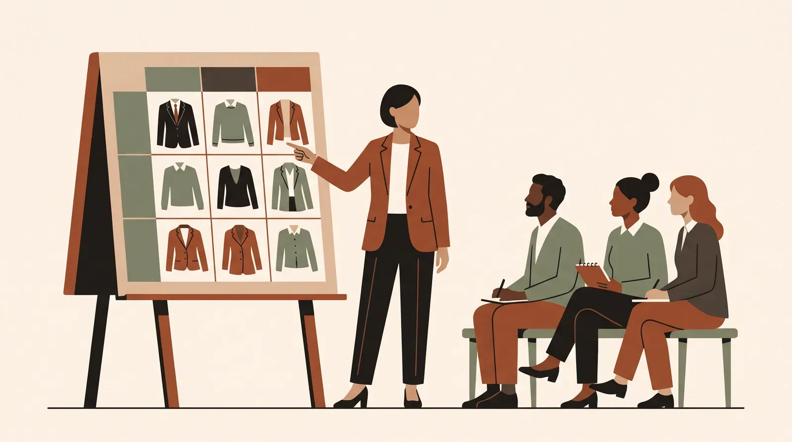 Editorial-Illustration zum Thema „Was anziehen zum Vorstellungsgespräch? Die Safe-Default-Matrix nach Branche' in warmen Terracotta- und Salbeitönen im Lindoza-Proberaum-Stil