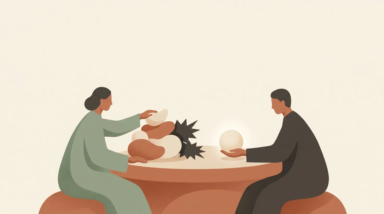 Editorial-Illustration zum Thema „Was sagt man bei Trauer? Worte, die wirklich trösten' in warmen Terracotta- und Salbeitönen im Lindoza-Proberaum-Stil