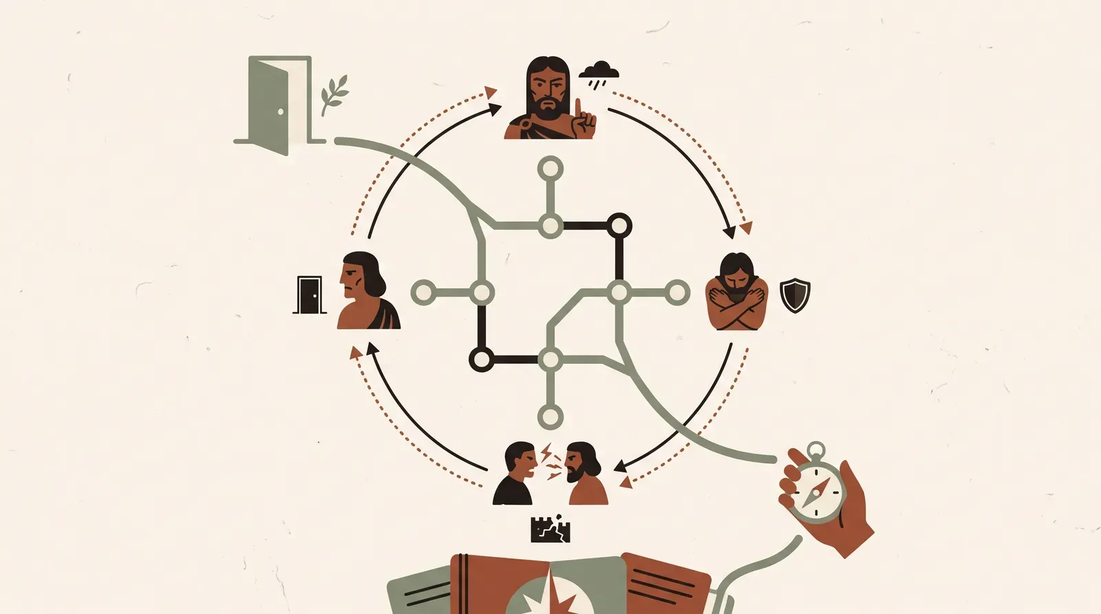 Editorial-Illustration zum Thema „Warum eskaliert immer der gleiche Streit? Deine Muster-Landkarte aufdecken' in warmen Terracotta- und Salbeitönen im Lindoza-Proberaum-Stil